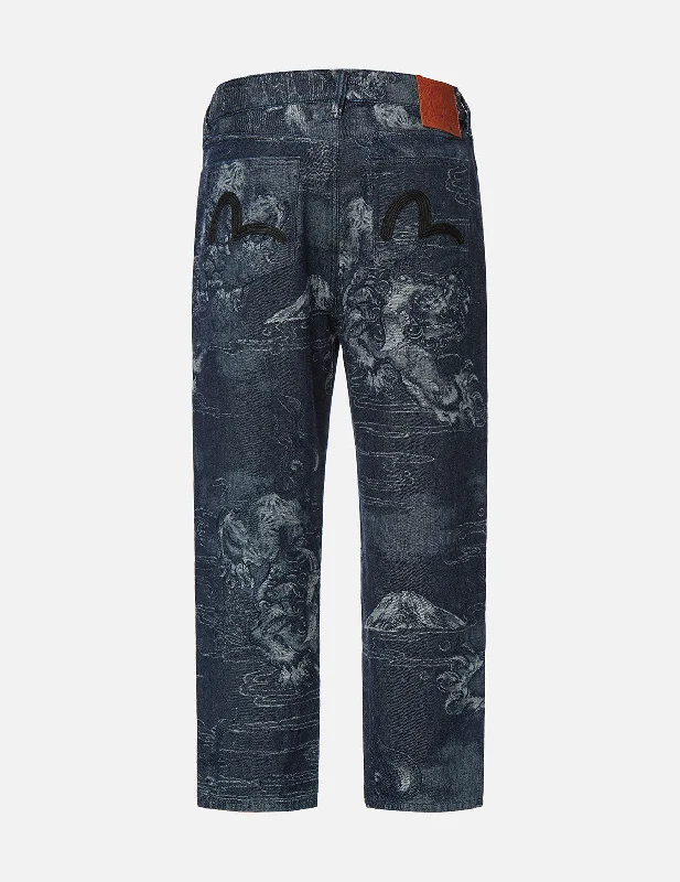 Father's Day Jeans for Present -Allover Komainu Painting Jacquard Straight Cropped Denim Jeans