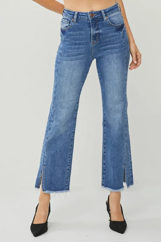 Side Pocket Jeans for Extra -RISEN High Waist Raw Hem Slit Straight Jeans