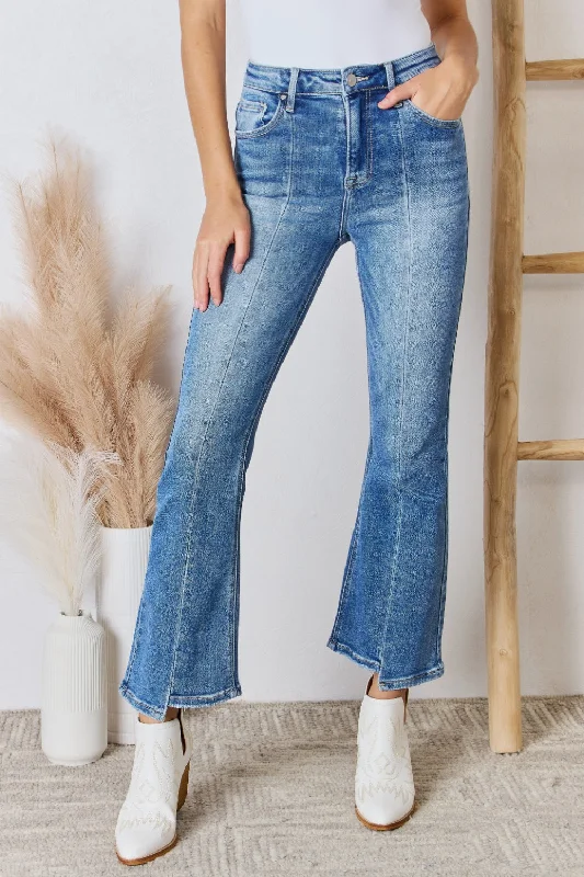 Leather Trim Jeans for Luxury -RISEN High Rise Ankle Flare Jeans