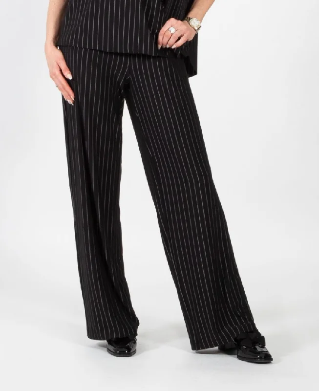 Soft velvet pants for cozy holiday outfits -Black Grey Pinstripe Full Length Pant