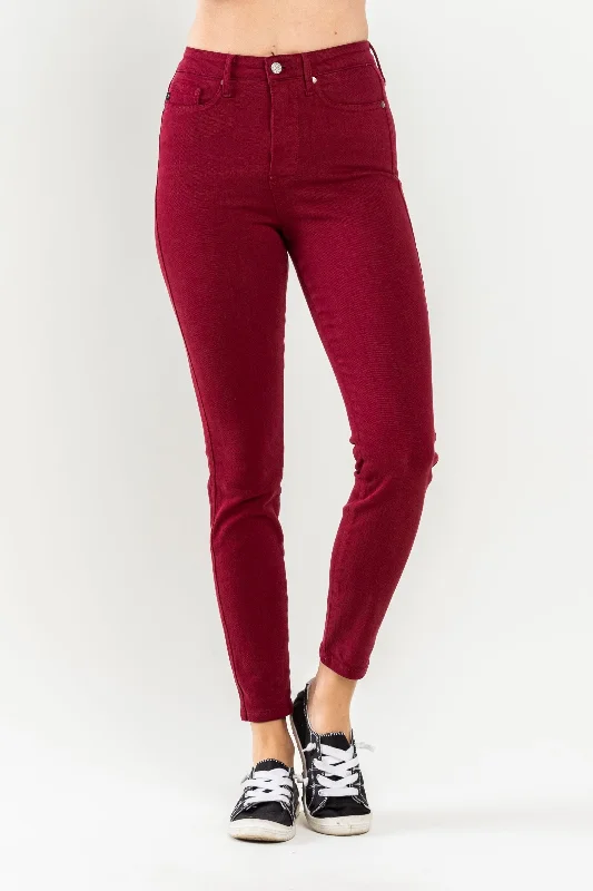 Christmas Jeans for Seasonal -Judy Blue High Waist Tummy Control Garment Dyed Scarlet Skinny Denim Jeans 88760