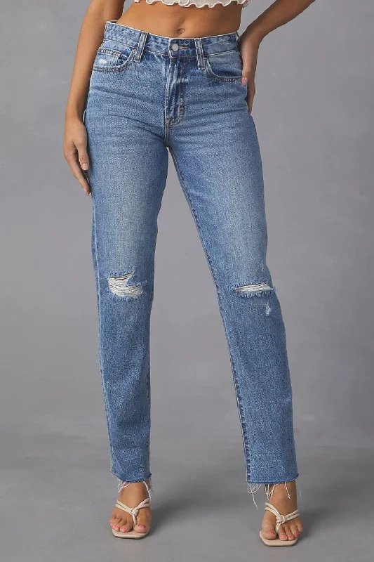 Jean Skirts for Feminine -Distressed Raw Hem Straight Jeans with Pockets