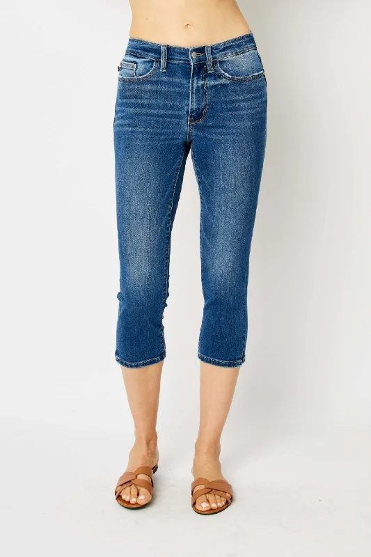 Back Pocket Jeans for Design -Judy Blue Mid Rise Side Slit Capri Denim Jeans 72113