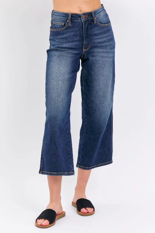 Raw Denim Jeans for Authentic -Judy Blue Mid Rise Tummy Control Wide Leg Crop Denim Jeans 88876