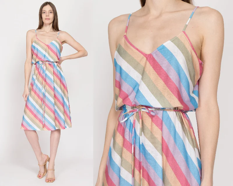 Red Dresses for Statement -Small 70s Colorful Striped Midi Sundress