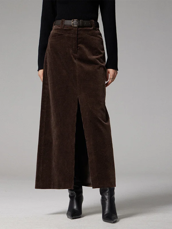 Affordable denim skirts for everyday cool -Pockets Corduroy Graceful Slit Maxi Skirt