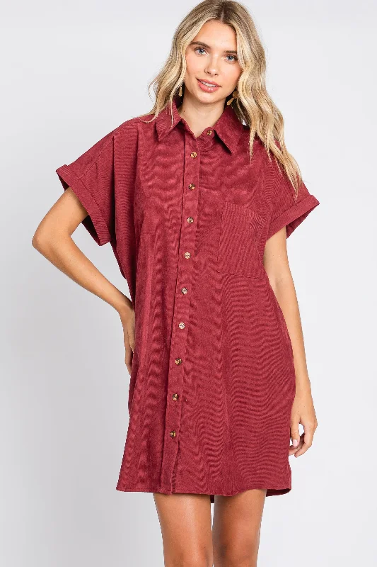 Green Dresses for Nature -Burgundy Ribbed Button Down Mini Dress