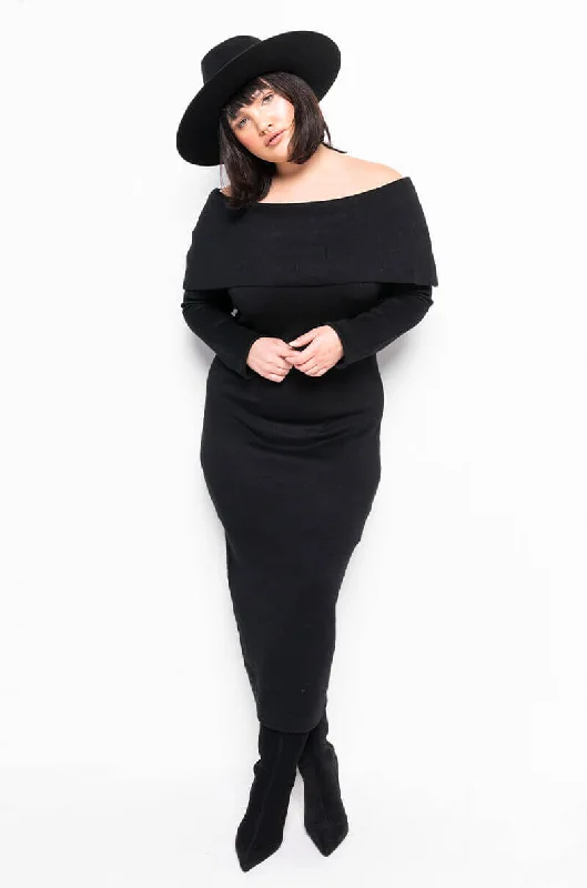 Sheath Dresses for Sophisticated -PLUS COZY AF OFF THE SHOULDER MIDI SWEATER DRESS BLACK