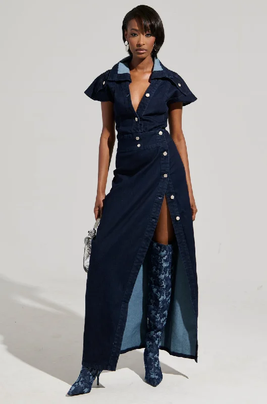 Tie-up Dresses for Decorative -CHELSEA BUTTON SIDE DENIM MAXI DRESS