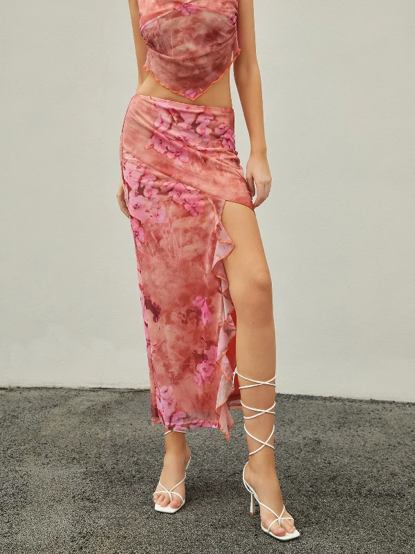 Pleated skirts for sophisticated evening wear -Ruffle Trim Floral Trendy Print Maxi Skirt