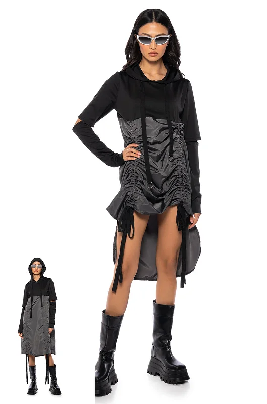 Sleeveless Dresses for Coolness -RUNNING AROUND CINCHED HOODIE DRESS IN BLACK