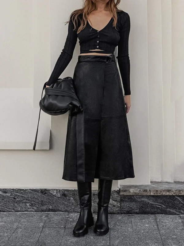 Wrap skirts with tie-front detail charm -Eyes On Me Trendy Belted Leather Skirt