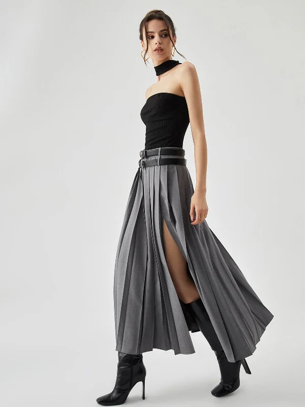 Patterned skirts for artistic standout appeal -Pleated Split Maxi Trendy Skirt Without Belt