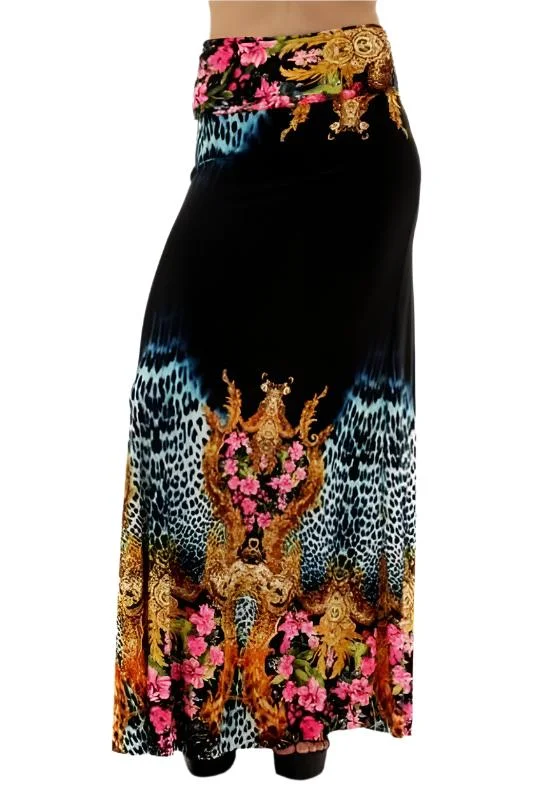 Casual skirts for relaxed weekend lounging -Uptown Floral Animal Print Black Maxi Skirt