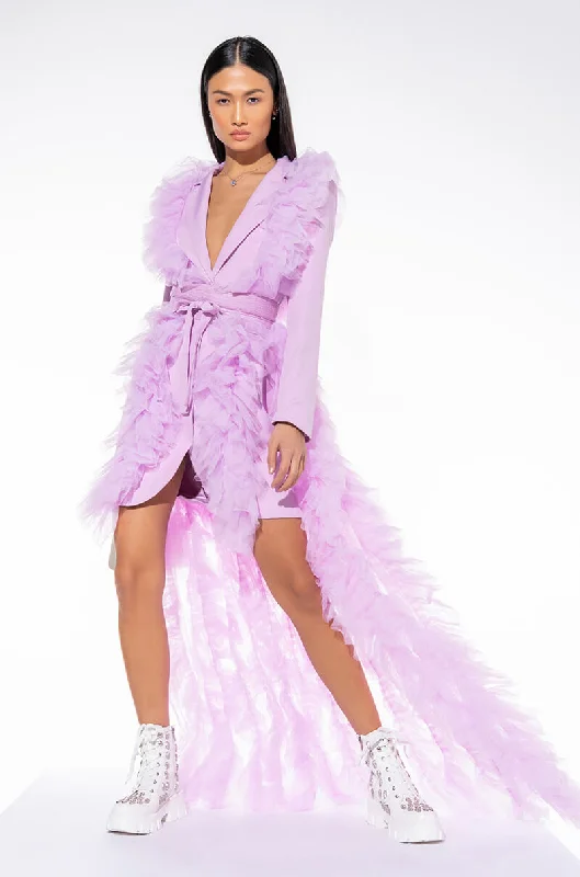 Mini Dresses for Youthful Look -HIGH FASHION BLAZER DRESS WITH MAXI TULLE SKIRT LIGHT PURPLE