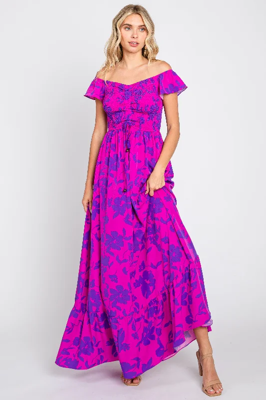 Solid Color Dresses for Simple -Magenta Floral Smocked Cinched Top Maxi Dress