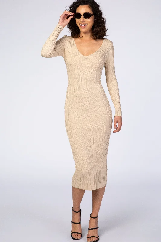 Belted Dresses for Shaping -Taupe V-Neck Long Sleeve Fitted Maxi Dress