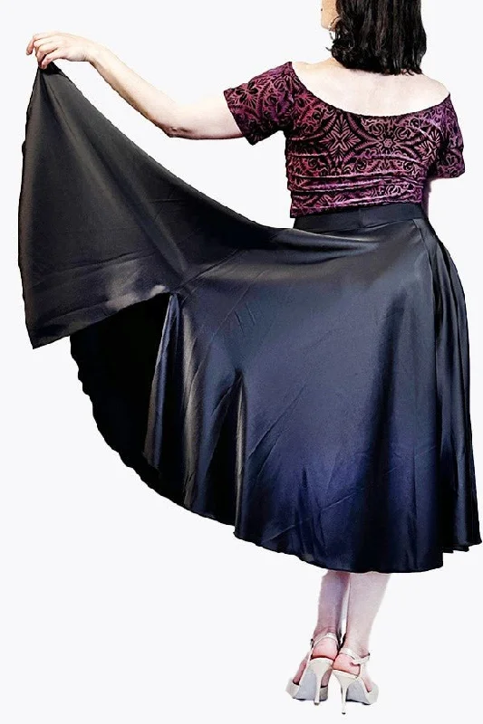 Soft cotton skirts for sensitive skin ease -black satin full circle skirt with slits