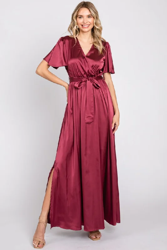 Pink Dresses for Feminine -Burgundy Satin Wrap Nursing Dress