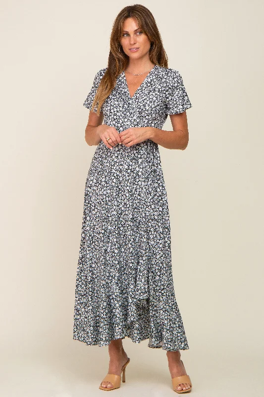 Tie-up Dresses for Decorative -Black Floral Short Sleeve Wrap Maxi Dress