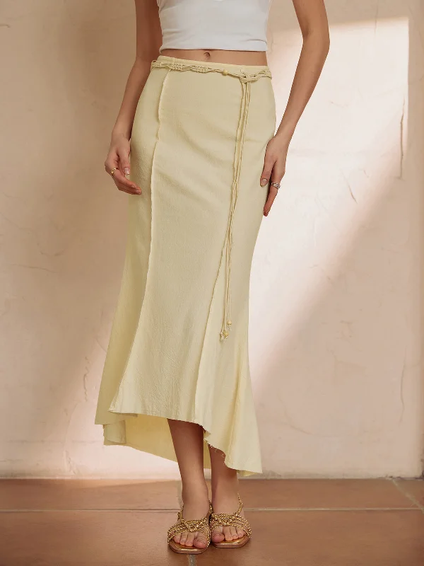 Lightweight linen skirts for breathable wear -Pure Cotton Solid Trendy Belted Long Skirt