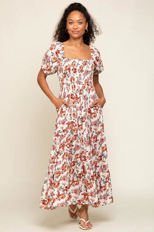 Cocktail Dresses for Party Time -Cream Floral Smocked Square Neck Tiered Maxi Dress