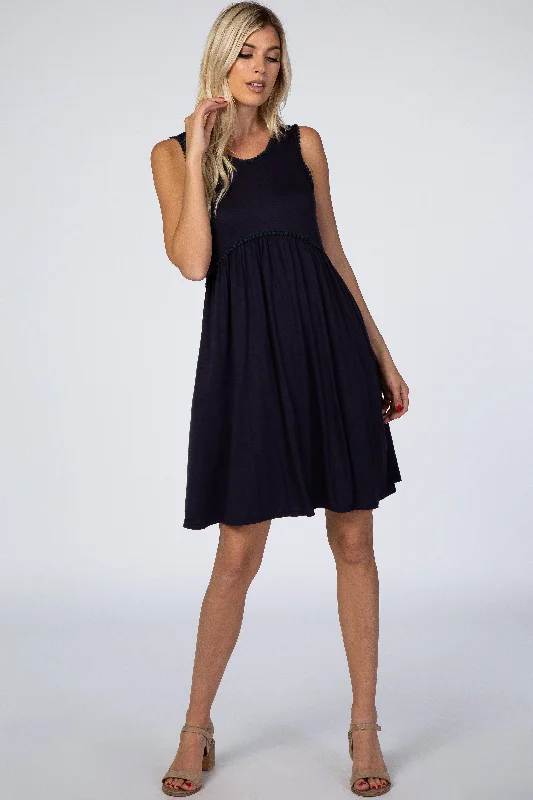 Zippered Dresses for Convenience -PinkBlush Navy Blue Sleeveless Round Neck Pom Pom Detail Dress