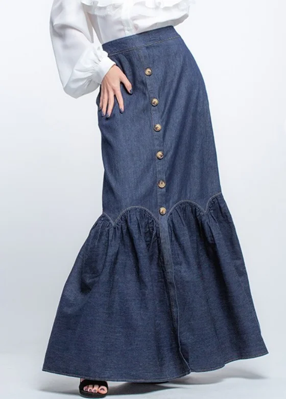 Durable skirts for active lifestyle needs -Denim Maxi Skirt with Ruffles