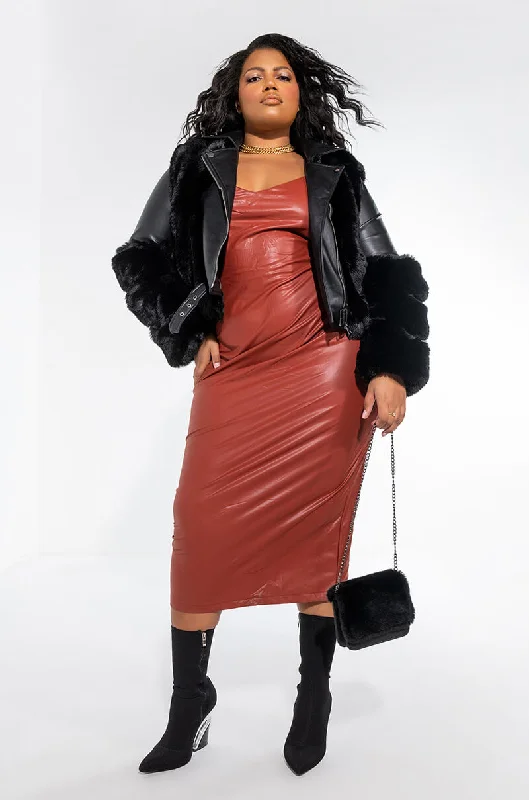 Wool Dresses for Warmth -PREMIUM STRETCH VEGAN LEATHER MIDI DRESS rust