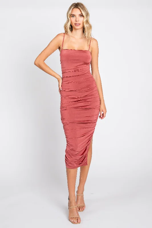 Cotton Dresses for Comfort -Rust Ruched Side Slit Midi Dress