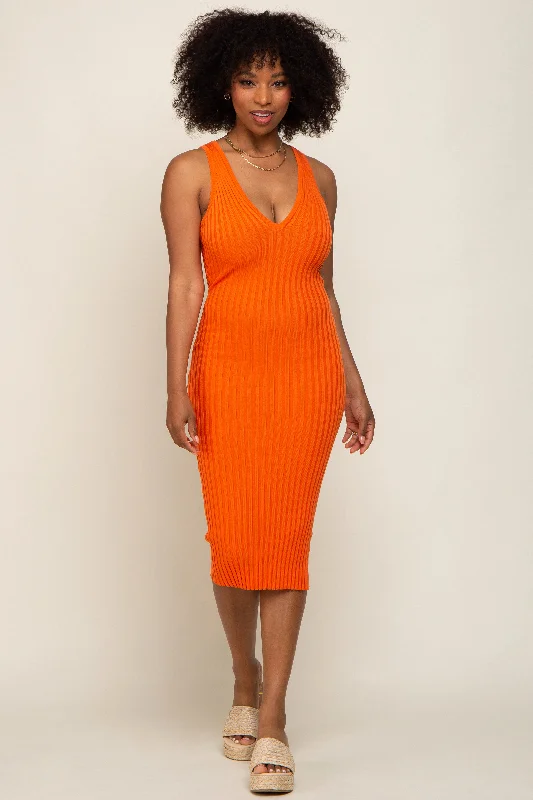 Solid Color Dresses for Simple -Orange Ribbed Knit Fitted V-Neck Midi Dress