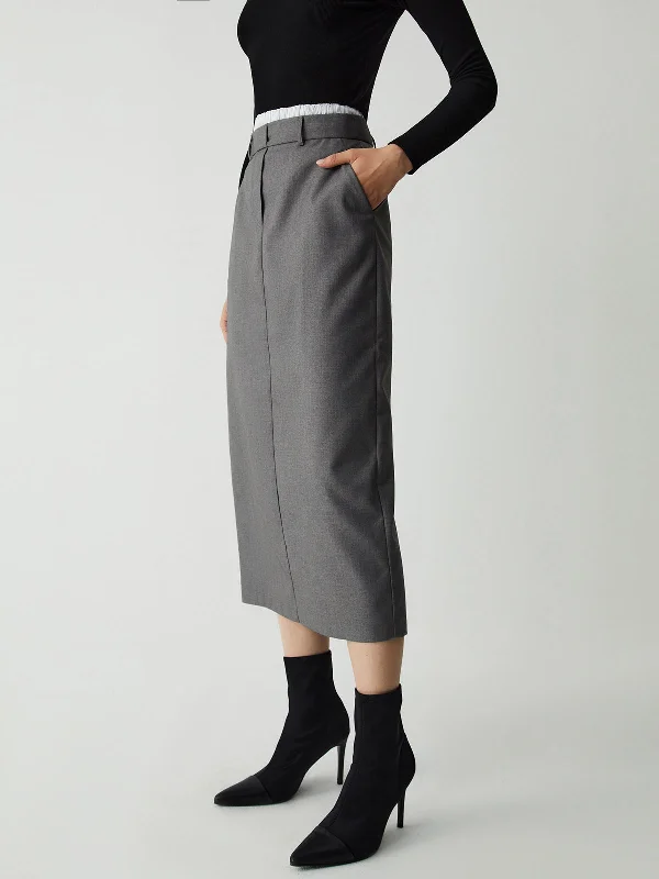 Patterned skirts with bold stripe accents -Patchwork Waistband Double Trendy Pockets Midi Skirt