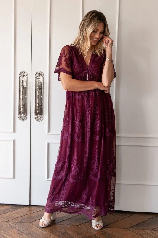 Indian Dresses with Intricacy -PinkBlush Deep Burgundy Lace Mesh Overlay Maxi Dress