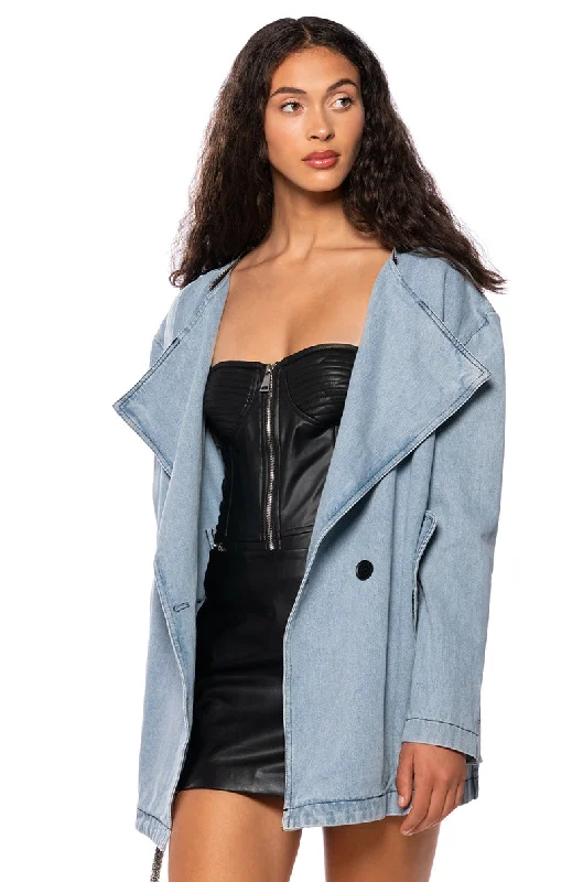 Birthday Dresses for Celebration -BUSINESS IN THE FRONT DENIM BLAZER MIDI DRESS