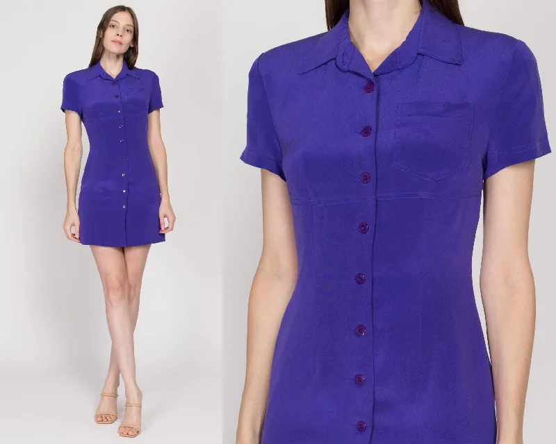 Graduation Dresses for Milestone -Petite XS 90s Royal Purple Silk Mini Shirtdress