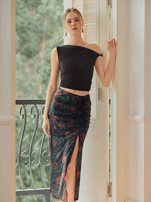 Stretchy skirts for all-day wear comfort -Vintage Rosette Garden Trendy Split Maxi Skirt