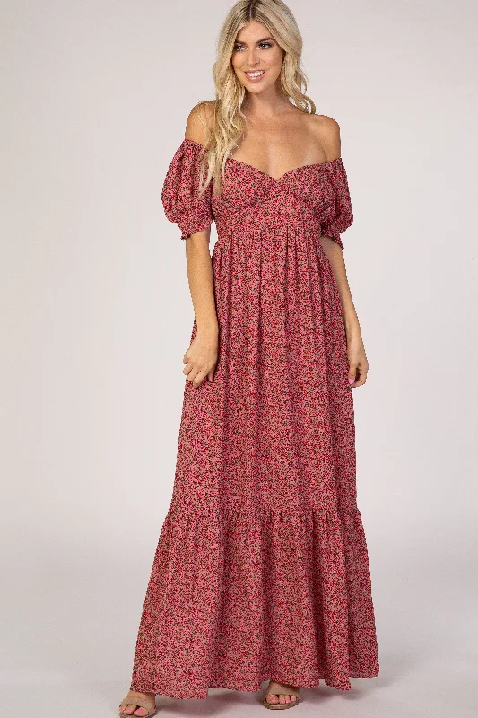 Celtic Dresses with Knotwork -Pink Floral Puff Sleeve Maxi Dress