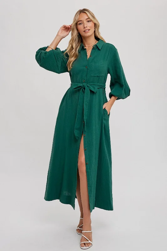 Pencil Dresses for Slimming -Forest Green Gauze Belted Shirt Midi Dress