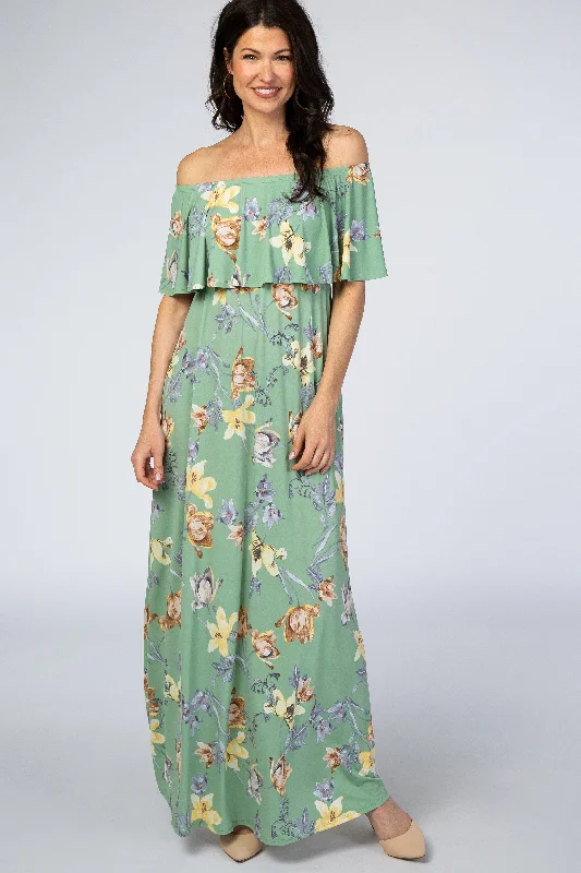 Rhinestone Dresses for Bling -Sage Floral Off Shoulder Maxi Dress