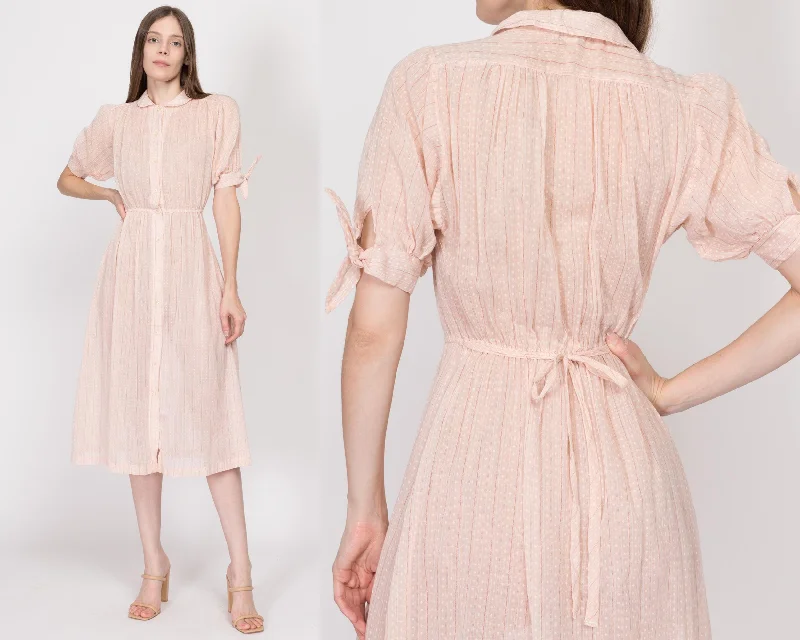 Fashionable Dresses for Style -XS-Sm 70s Pastel Pink Sheer Midi Shirtdress