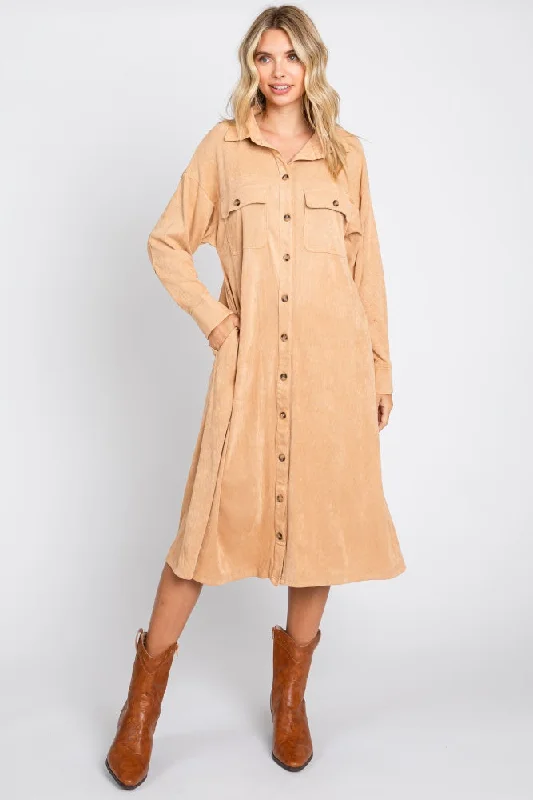 Silk Dresses for Luxurious -Camel Knit Corduroy Button Down Midi Dress