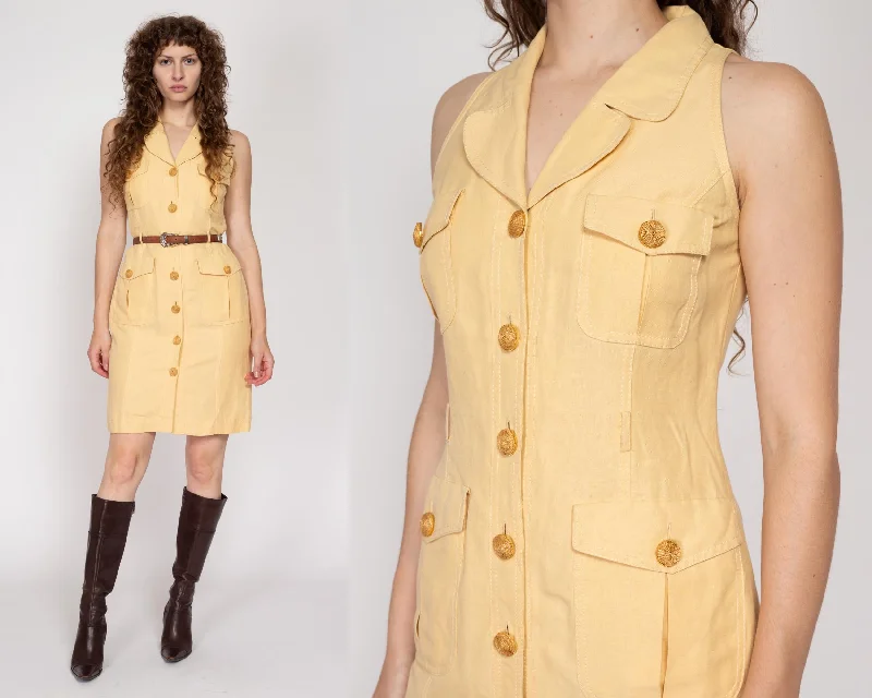 Wedding Dresses for Bridal Look -Medium 90s Yellow Linen Mini Shirtdress