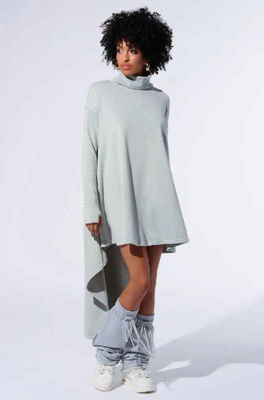 Low-waisted Dresses for Relaxed -LAINIE TURTLENECK HIGH LOW SWEATSHIRT DRESS IN GREY