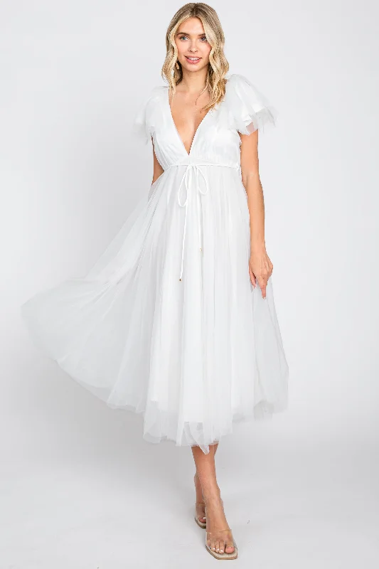 Short-sleeved Dresses for Summer -White Tulle V-Neck Flutter Sleeve Midi Dress