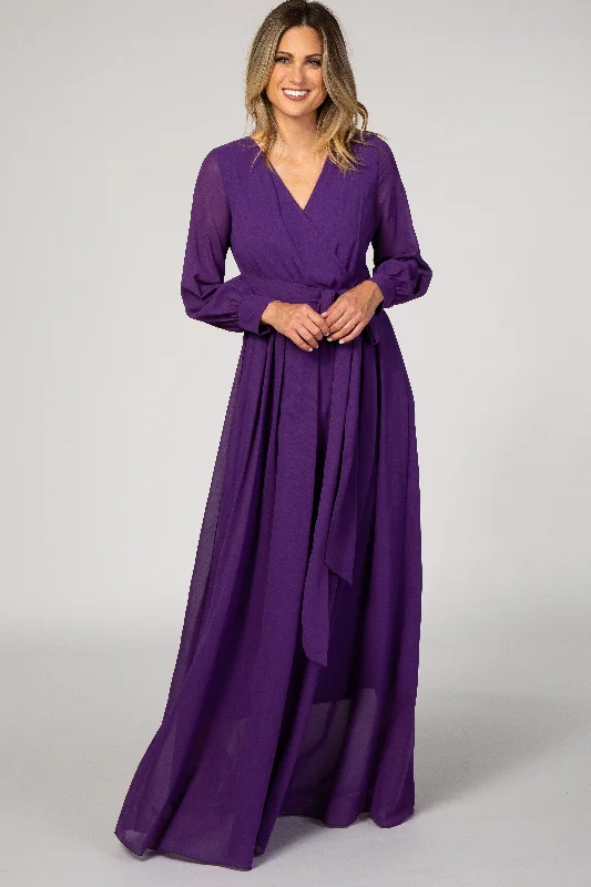 Sequined Dresses for Sparkle -Purple Chiffon Long Sleeve Pleated Maxi Dress