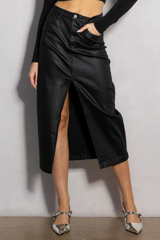 Brown Skirts for Earthy -Front Slit Midi Coated Skirt