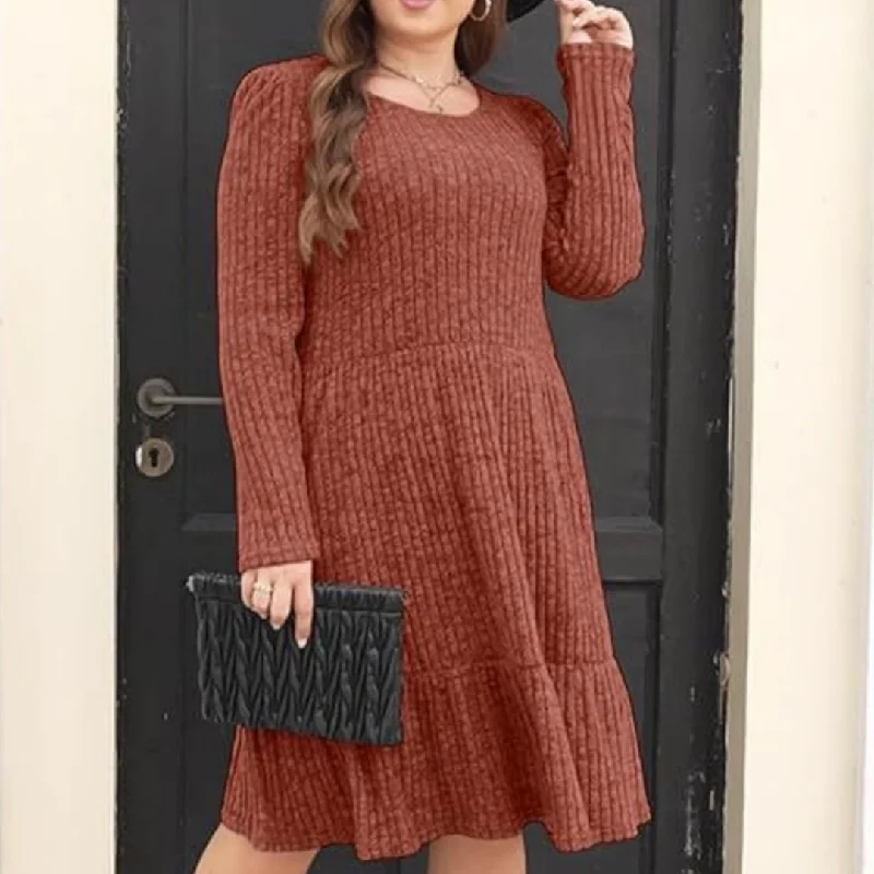 Buttoned Dresses for Stylish -Solid Color Round Neck Knitted Dress Sweater