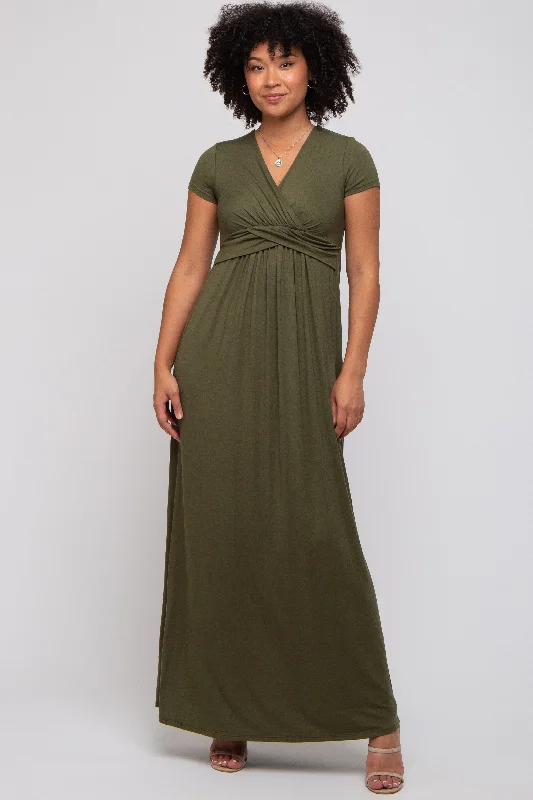 Low-waisted Dresses for Relaxed -PinkBlush Olive Draped Nursing Maxi Dress