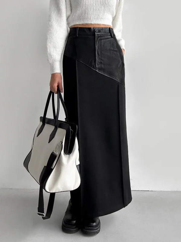 Durable skirts for active lifestyle needs -Patchwork Leather High Trendy Waist Maxi Skirt