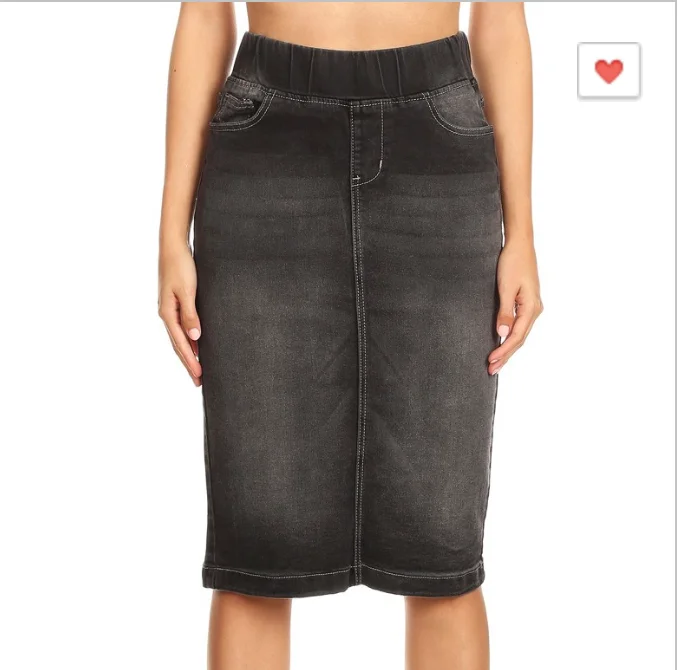 Durable denim skirts for rugged daily wear -Black Denim Midi Skirt - Elastic Waistband (XS-XL)